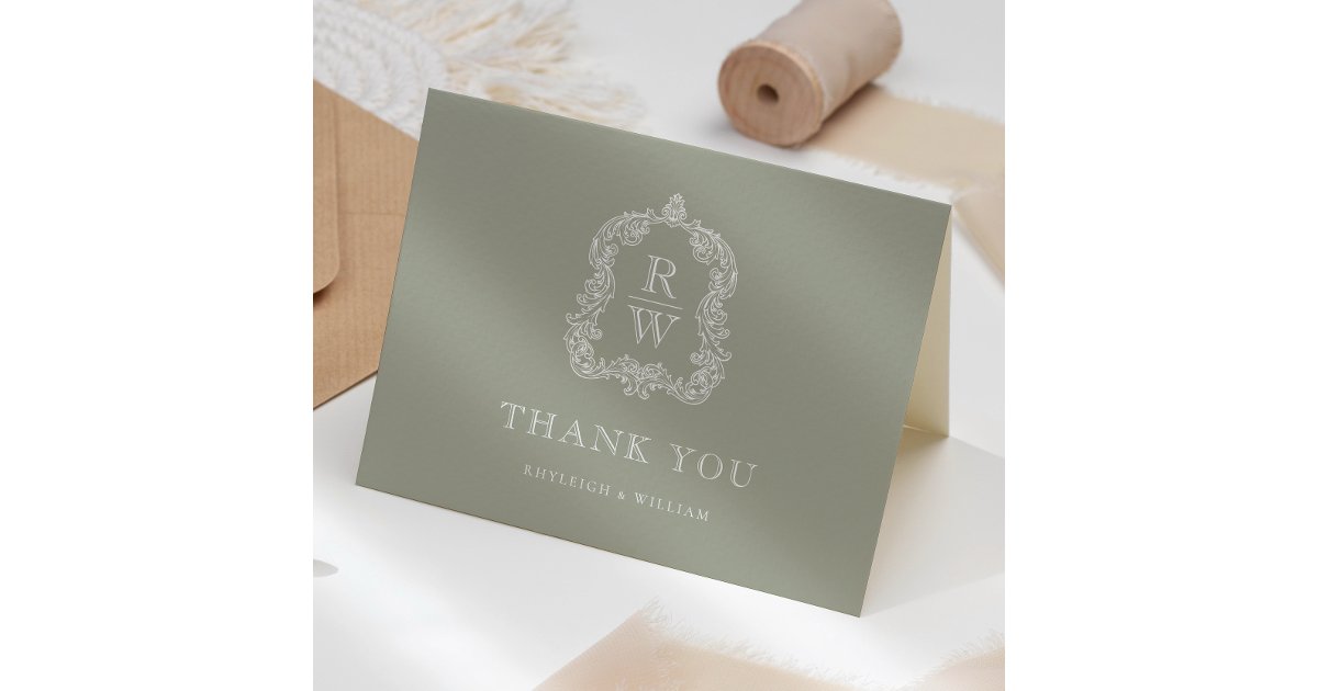 Elegant Monogram Crest Sage Green Wedding Thank You Card | Zazzle