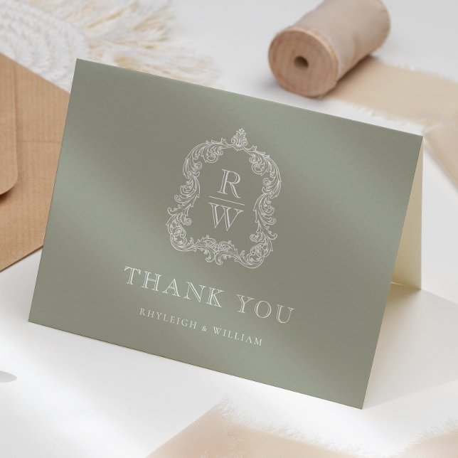 Elegant Monogram Crest Sage Green Wedding Thank You Card (Creator Uploaded)