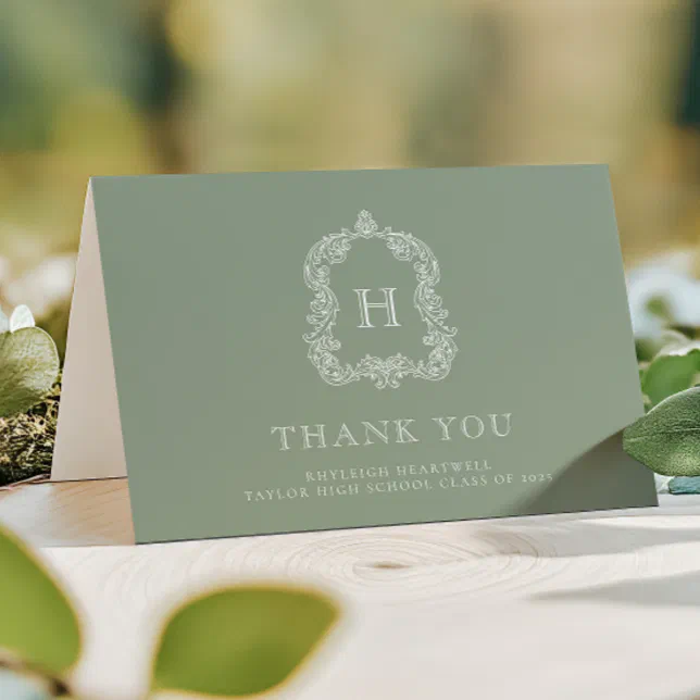 Elegant Monogram Crest Sage Green White Graduation Thank You Card | Zazzle