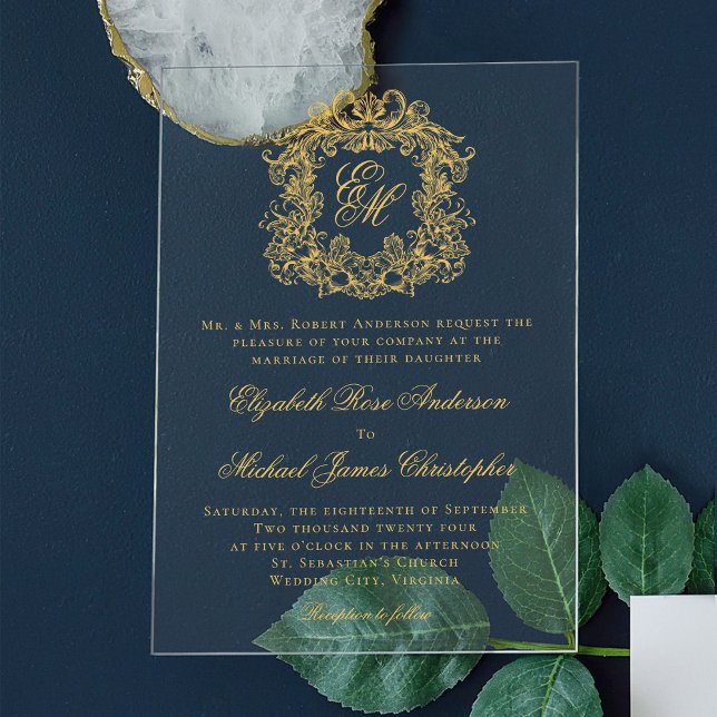 Elegant Monogram Crest Script Wedding Faux Gold Acrylic Invitations (Creator Uploaded)