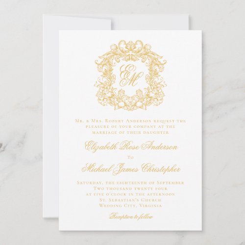 Elegant Monogram Crest Script Wedding Faux Gold Invitation