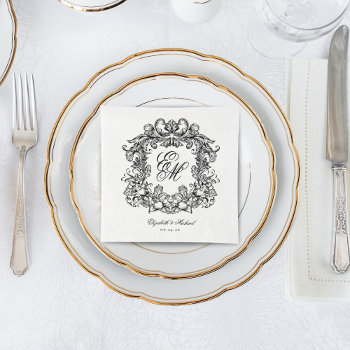 Elegant Monogram Crest Script Wedding Napkins by CreativeHorizon at Zazzle