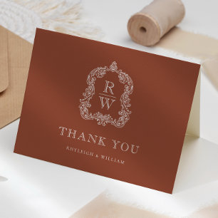 Elegant Monogram Crest Terracotta Wedding Letterpress Thank You Card