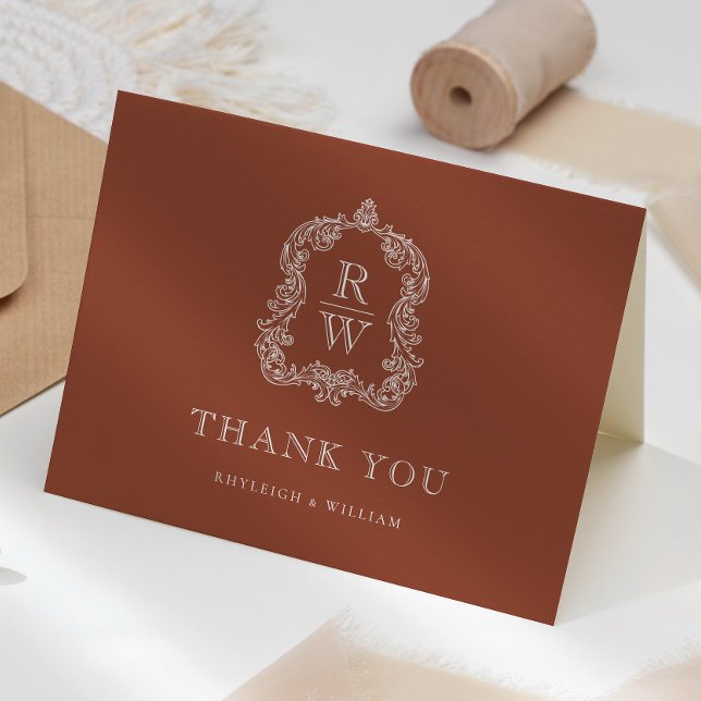 Elegant Monogram Crest Terracotta Wedding Thank You Card (Creator Uploaded)