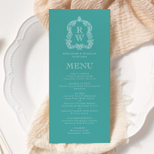 Elegant Monogram Crest Turquoise White Wedding Menu