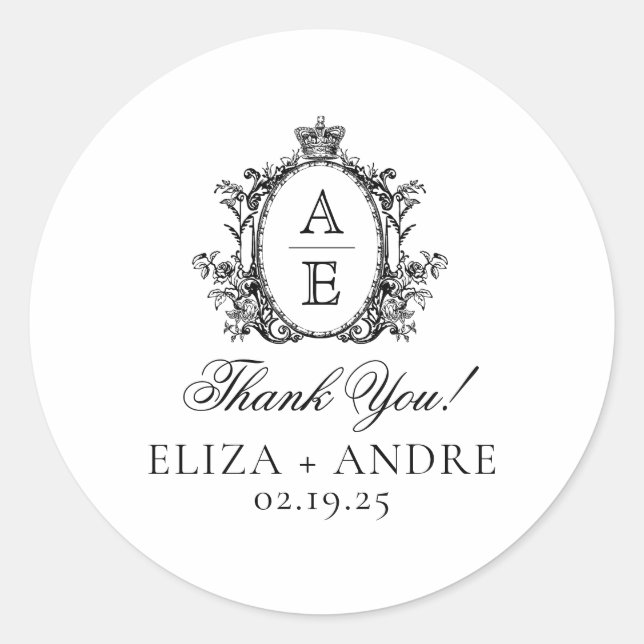 Elegant Monogram Crest Vintage Wedding Classic Round Sticker (Front)