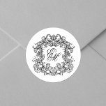 Elegant Monogram Crest Vintage Wedding Classic Round Sticker<br><div class="desc">These elegant classic black and white wedding monogram stickers feature an ornate vintage style monogram crest with fancy script calligraphy for the initials of the bride and groom. Find matching products in the collection,  or message me through Zazzle Chat for more products and design tweaks.</div>