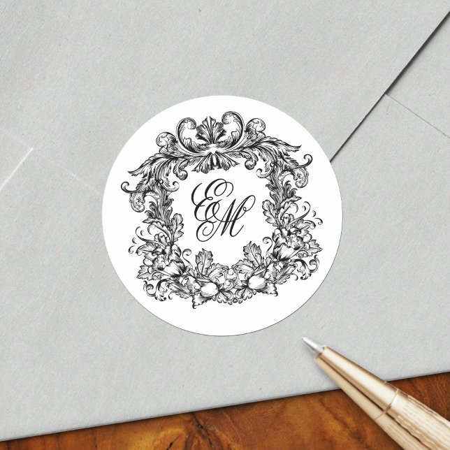 Elegant Monogram Crest Vintage Wedding Classic Round Sticker (Creator Uploaded)