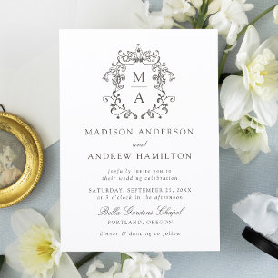Elegant Monogram Crest Vintage Wedding Letterpress Invitation