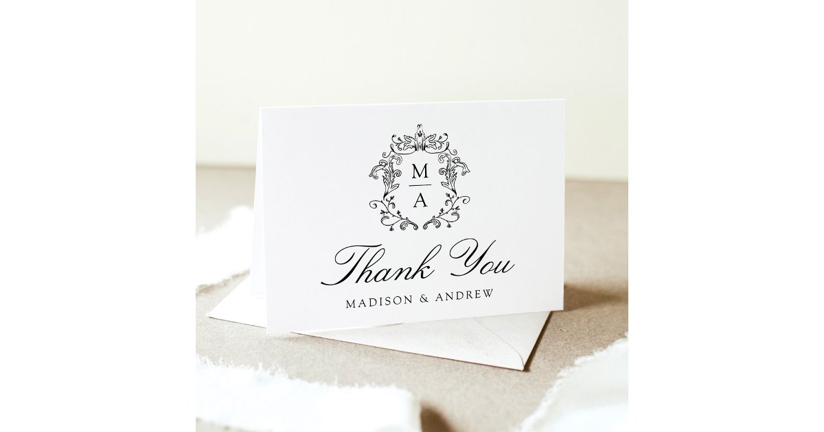 Elegant Monogram Crest Vintage Wedding Letterpress Thank You Card | Zazzle