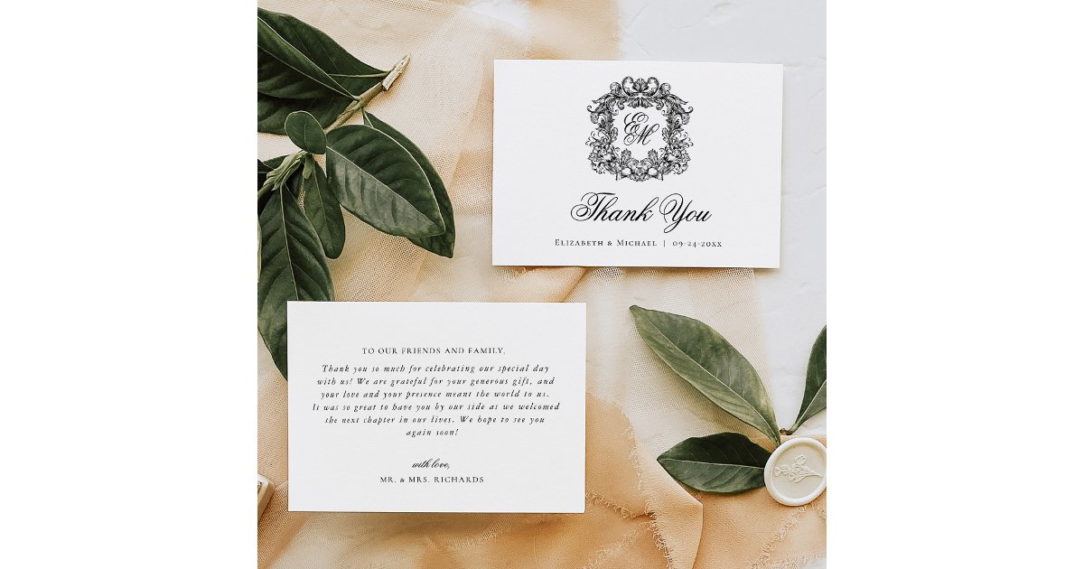 Elegant Monogram Crest Vintage Wedding Thank You Card | Zazzle