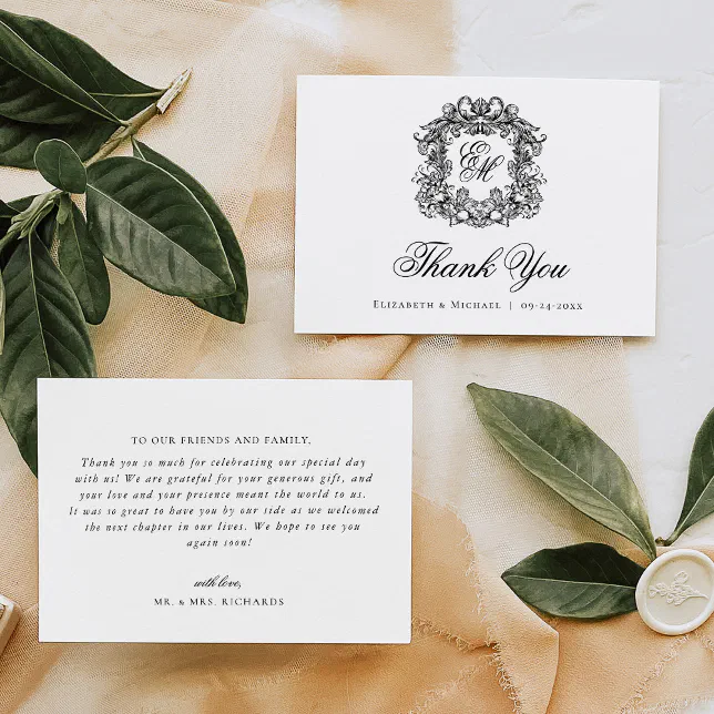 Elegant Monogram Crest Vintage Wedding Thank You Card | Zazzle