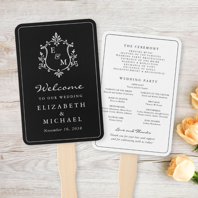 Elegant Monogram Crest Wedding Ceremony Program Hand Fan (Elegant Monogram Crest Wedding Ceremony Program Hand Fan)