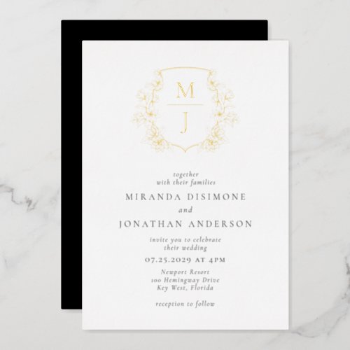 Elegant Monogram Crest Wedding Gold  Foil Invitation