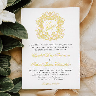 Elegant Monogram Crest Wedding Gold Foil Invitation