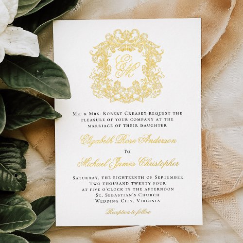 Elegant Monogram Crest Wedding Gold  Foil Invitation