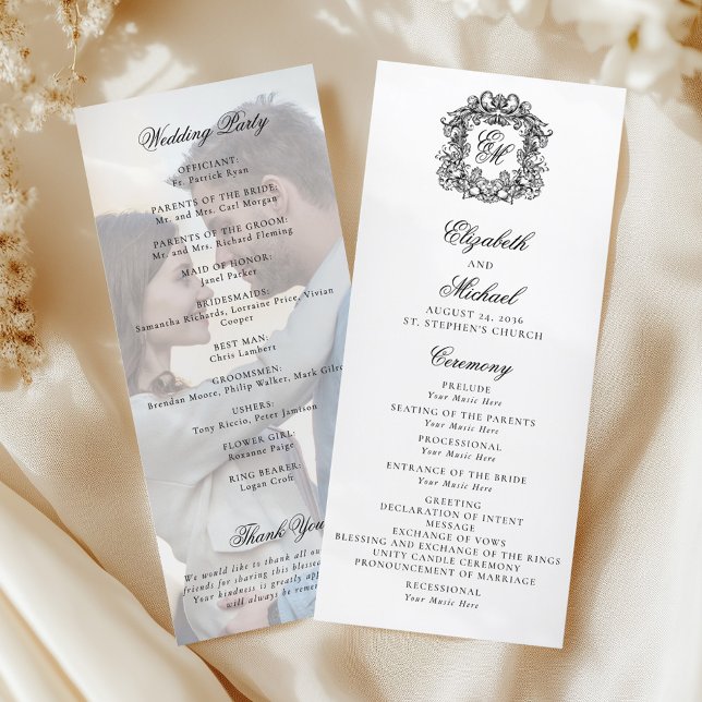 Elegant Monogram Crest Wedding Photo Program (Creator Uploaded)
