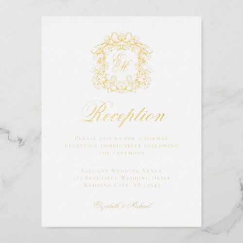 Elegant Monogram Crest Wedding Reception Foil Card