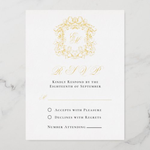 Elegant Monogram Crest Wedding RSVP  Foil Invitation Postcard