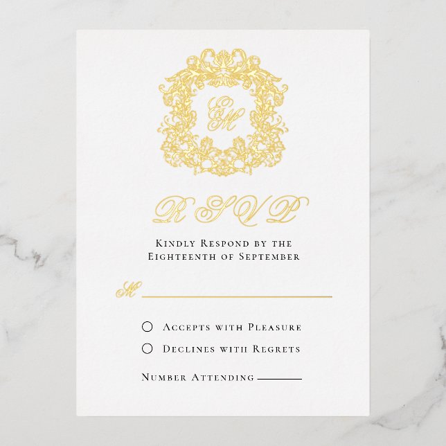 Elegant Monogram Crest Wedding RSVP Gold Foil Card (Front)