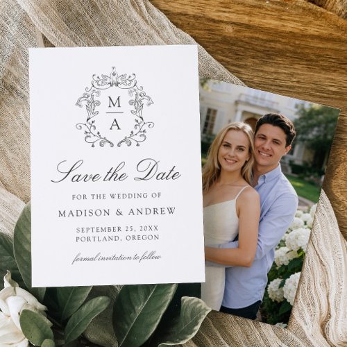 Elegant Monogram Crest Wedding Save the Date Letterpress Photo Cards