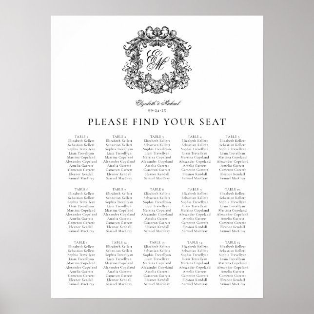 Elegant Monogram Crest Wedding Seating Chart (Front)