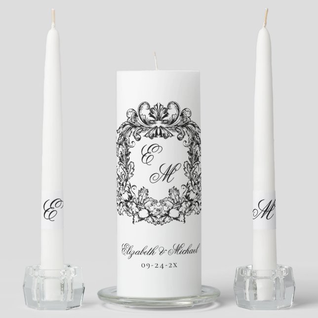 Elegant Monogram Crest Wedding Unity Candle Set (Front)