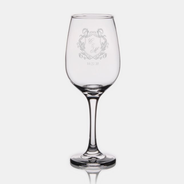 Elegant Monogram Crest Wedding Wine Glass (Glassware)