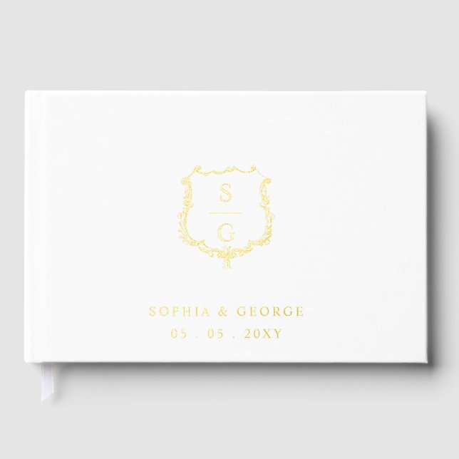 Elegant Monogram Crest White and Gold Wedding Foil Guest Book (Front)