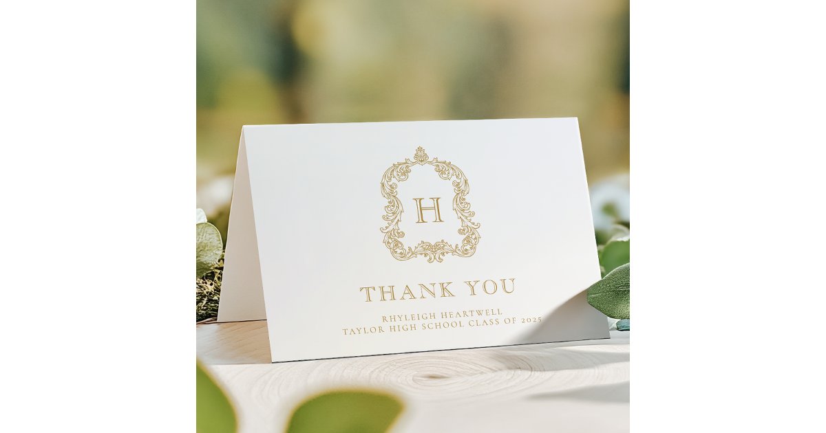 Elegant Monogram Crest White Gold Graduation Thank You Card | Zazzle