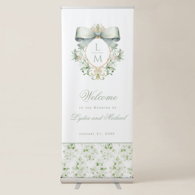 Elegant Monogram Crest with Sage Green Bow Retractable Banner (Front)