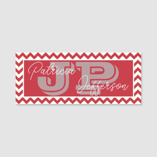 Elegant Monogram Crimson Red Chevron Professional Name Tag