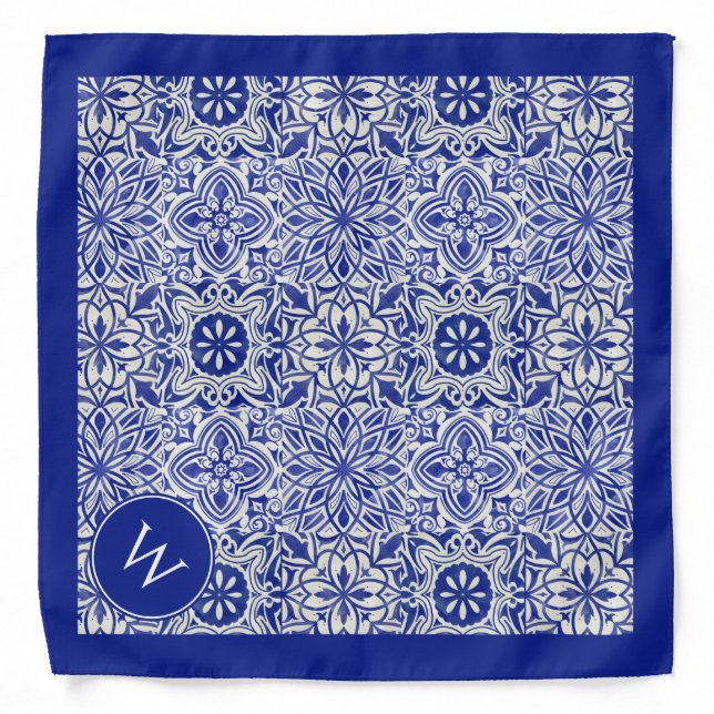 Elegant Monogram Custom Blue White Bandana (Front)