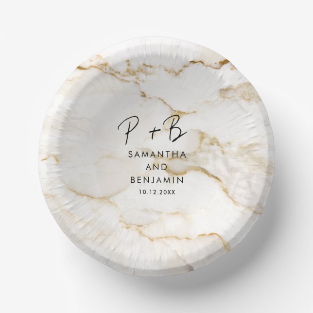 Elegant Monogram Custom Marble Effect Wedding Paper Bowls (Front)