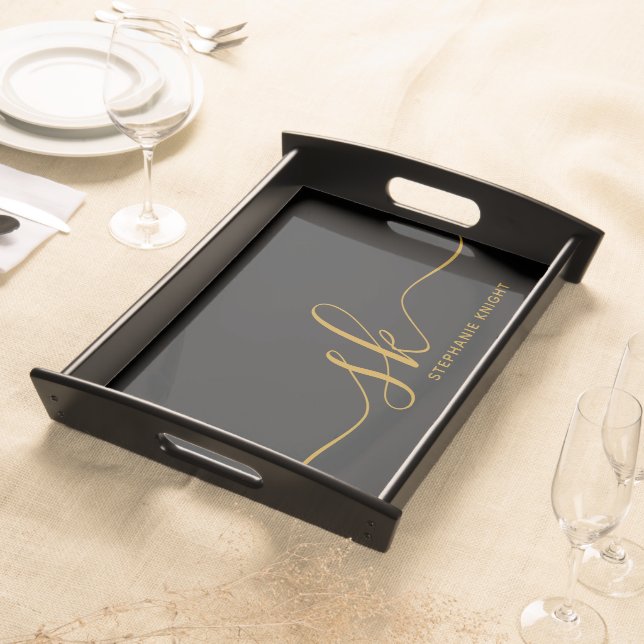 Elegant Monogram Custom Name Gold Script  Serving Tray (Front)