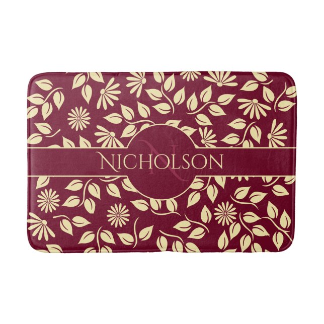 Elegant Monogram Custom Name Leaf Daisy Burgundy Bath Mat (Front)
