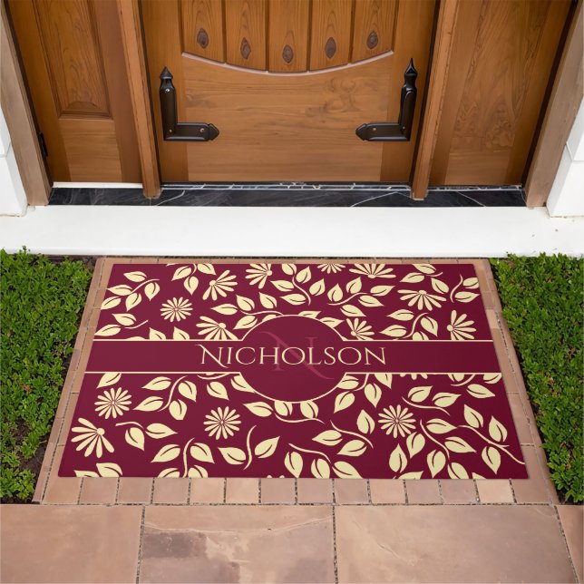 Elegant Monogram Custom Name Leaf Daisy Burgundy Doormat (Outdoor)