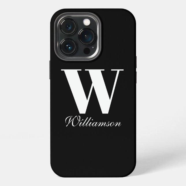 Elegant monogram custom script name black white iphone case (Back)