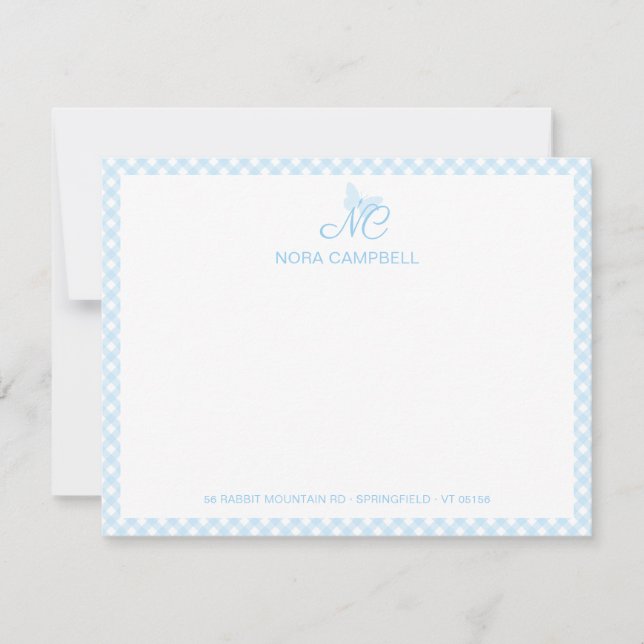 Elegant Monogram Cute Baby Blue Gingham Checks Note Card (Front)