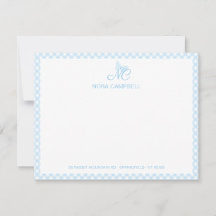 Elegant Monogram Cute Baby Blue Gingham Checks Note Card