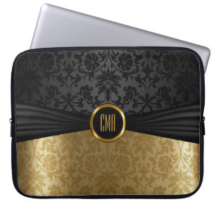 Elegant Monogram Damask Black with Gold Floral Laptop Sleeve