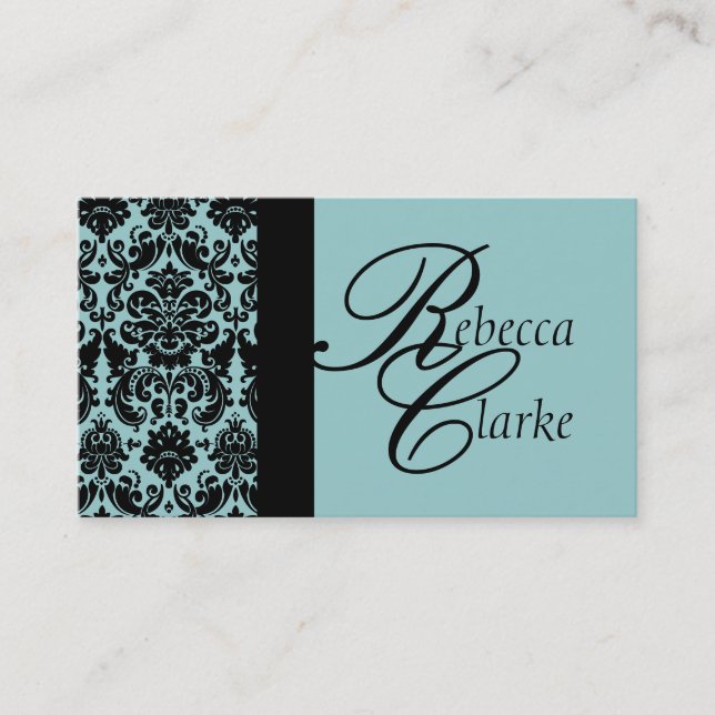 Elegant Monogram Damask Blue Business Card (Front)
