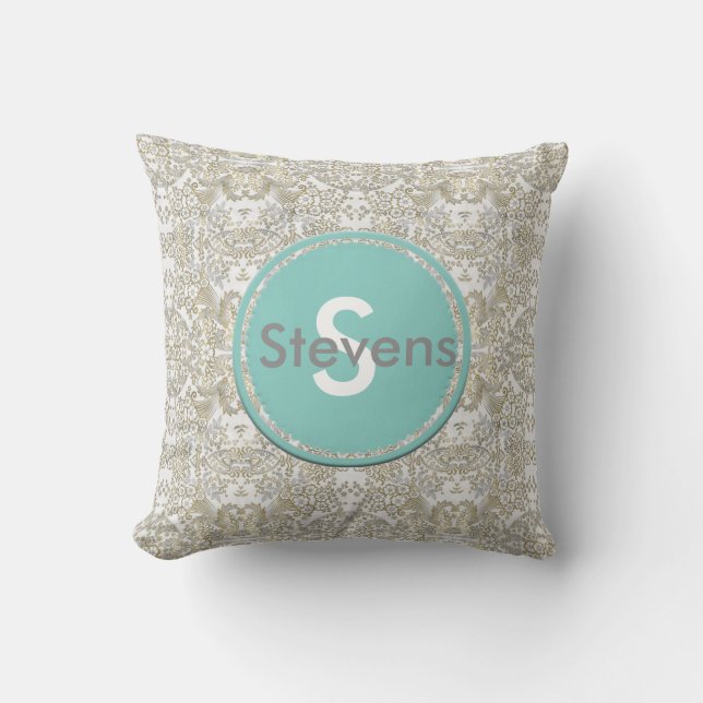 Elegant Monogram Damask Throw Pillow (Front)