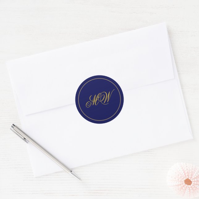 Elegant Monogram Dark Blue and Gold Wedding Classic Round Sticker (Envelope)