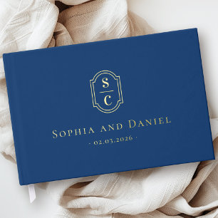 Elegant monogram dark blue wedding names date foil guest book 