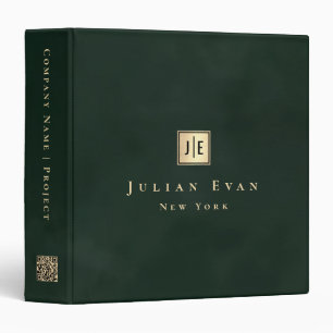 Elegant Monogram Dark Emerald Green & Gold Qr code 3 Ring Binder