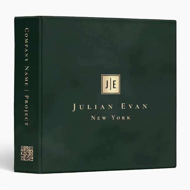 Elegant Monogram Dark Emerald Green & Gold Qr code 3 Ring Binder (Front/Spine)
