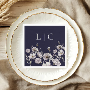 Elegant monogram dark navy watercolor flower napkins