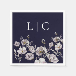 Elegant monogram dark navy watercolor flower napkins