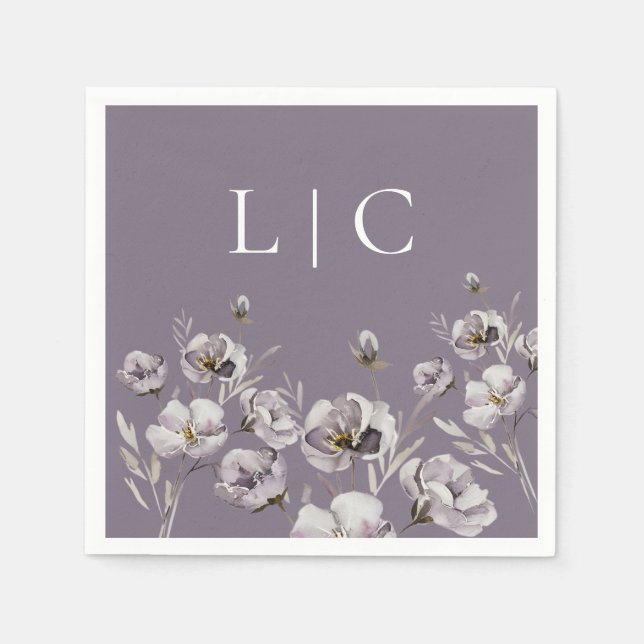 Elegant monogram dark purple watercolor flower napkins (Front)
